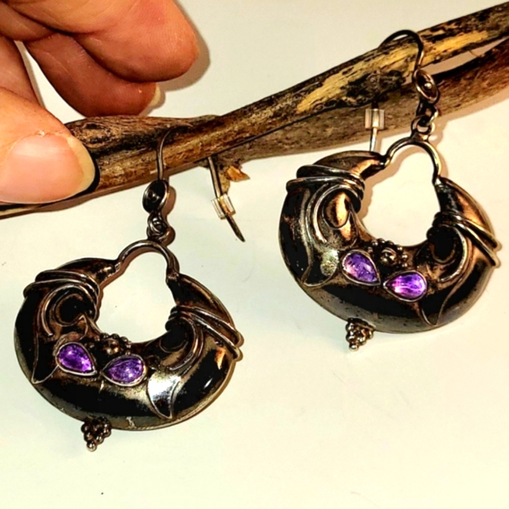 Vintage Earrings, Purple Amethyst Sterling Silver Puffy Hoop Drop Earrings